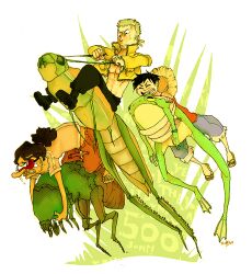  black_hair frog goggles grasshopper green_hair hat monkey_d_luffy muscle one_piece open_clothes open_shirt red_vest riding roronoa_zoro sandals shirt shorts smile straw_hat sunglasses usopp vest zipper 