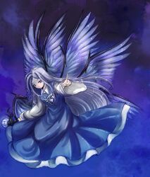  angel_wings blue_dress blue_hair blue_theme commentary_request dress female long_hair multiple_wings muutzi photoshop_(medium) sariel_(touhou) solo touhou touhou_(pc-98) very_long_hair wings 