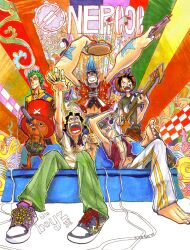  5boys barefoot black_hair blonde_hair blue_hair blue_upholstery copyright_name couch franky green_hair guitar hat instrument jewelry legs_crossed male male_focus marker_(medium) microphone monkey_d_luffy multiple_boys one_piece reindeer ring roronoa_zoro sanji sitting smile standing straw_hat tambourine title_drop tony_tony_chopper traditional_media usopp 