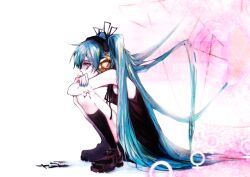  black_socks blue_hair commentary_request female hatsune_miku headphones long_hair nail_polish profile socks solo squatting tears tima twintails venus_symbol very_long_hair vocaloid 