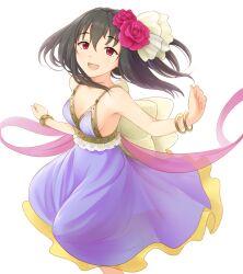  bare_shoulders blush breasts brown_hair cleavage commentary_request dani-ikapi dress female flower fujiwara_hajime hair_flower hair_ornament idolmaster idolmaster_cinderella_girls medium_breasts open_mouth pink_flower pink_rose red_eyes rose short_hair sideboob simple_background smile solo white_background 