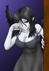  bare_shoulders black_dress black_hair black_wings breasts cleavage collarbone dress duel_monster fabled_grimro feathers female female fingernails frown green_eyes hair_between_eyes hands indoors long_fingernails long_hair long_image looking_at_viewer monster_girl multicolored_eyes nail_polish pale_skin pataniito pataryouto pointy_ears purple_background red_nails red_sclera rubbing_eyes solo standing strap_slip tall_image waking_up wings yu-gi-oh! yuu-gi-ou_duel_monsters 