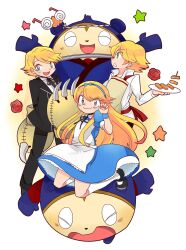  3boys alice_(alice_in_wonderland) alice_(alice_in_wonderland)_(cosplay) alice_in_wonderland bad_id bad_pixiv_id blonde_hair blue_eyes cosplay crossdressing glasses groucho_glasses kida_yuu kuma_(persona_4) long_hair multiple_boys multiple_persona otoko_no_ko persona persona_4 short_hair 