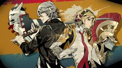  aegis_(persona) android athena_(megami_tensei) bad_id bad_pixiv_id banned_artist blonde_hair blue_eyes female grey_eyes grey_hair headphones izanagi narukami_yuu persona persona_3 persona_4 persona_4:_the_ultimate_in_mayonaka_arena school_uniform short_hair smile tazuma_(u283) weapon 