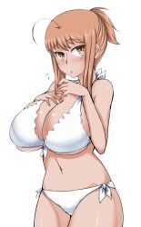  ahoge bikini breasts brown_eyes brown_hair cleavage commentary_request female highres huge_breasts komusou_(jinrikisha) long_hair looking_at_viewer navel ooba_minori original photoshop_(medium) side-tie_bikini_bottom simple_background solo swimsuit underboob white_bikini 