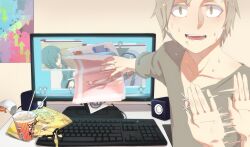  1boy chips_(food) chopsticks commentary_request computer cup_ramen food green_hair highres kagerou_project kano_shuuya kido_tsubomi konohaw long_hair male_focus mekakushi_code_(vocaloid) monitor potato_chips solo sweatdrop vocaloid 