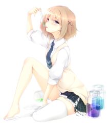  barefoot beaker blonde_hair blue_eyes commentary_request female hair_ornament hairclip kisei_kanojo_sana luna_lia necktie pleated_skirt school_uniform short_hair simple_background single_thighhigh sitting skirt solo test_tube thighhighs tongue tongue_out vest white_background white_thighhighs 