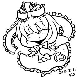  ^_^ chibi closed_eyes commentary_request dated female front_ponytail greyscale hair_ribbon kagiyama_hina long_hair lowres monochrome ribbon signature skirt smile solo touhou yanagi_(nurikoboshi) 