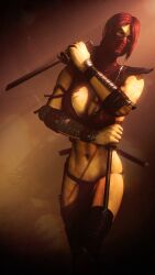  breasts cleavage dual_wielding duelwelding gauntlets half_mask highres large_breasts mask mortal_kombat navel netherrealm_studios ninja red_hair scarlet skarlet sword thighhighs weapon 