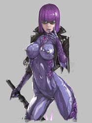  :p bad_id bad_pixiv_id blood breasts club_(weapon) female finger_to_mouth jacket large_breasts mathilda max_anarchy mole purple_hair short_hair smile solo spiked_club spikes sunglasses take_no_ko_(dodon) tongue tongue_out weapon 