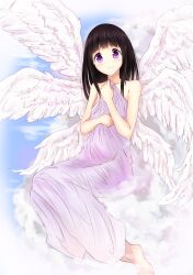  absurdres ameyoshi angel_wings black_hair blunt_bangs blush chitanda_eru commentary_request dress feathered_wings female full_body highres hyouka looking_at_viewer multiple_wings off_shoulder pink_dress purple_eyes robe seraph sidelocks sitting wings 