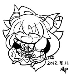  ^_^ bow closed_eyes commentary_request dated female greyscale horn_ornament horn_ribbon horns ibuki_suika long_hair lowres monochrome oerba_yun_fang open_mouth ribbon signature skirt smile solo touhou yanagi_(nurikoboshi) 