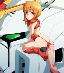  :&lt; blonde_hair blush butt_crack commentary_request female gundam gundam_zz highres looking_back purple_eyes puru_two short_hair solo tabigarasu 