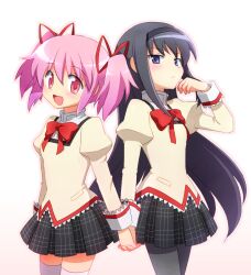  2girls akemi_homura black_hair blush bow commentary_request hair_ribbon hairband hanjuku_tomato holding_hands interlocked_fingers kaname_madoka long_hair looking_at_viewer mahou_shoujo_madoka_magica mahou_shoujo_madoka_magica_(anime) mitakihara_school_uniform multiple_girls pantyhose pink_eyes pink_hair plaid plaid_skirt purple_eyes ribbon school_uniform short_hair skirt thighhighs white_legwear zettai_ryouiki 