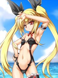  alternate_costume arm_up armband armpits beach black_one-piece_swimsuit blazblue blonde_hair bow bowtie bracelet bridal_garter choker cloud collarbone commentary_request cross day female frills groin hand_on_own_hip jewelry long_hair midriff navel one-piece_swimsuit outdoors rachel_alucard red_cross red_eyes ribbon roura sky solo swimsuit twintails v very_long_hair 