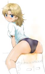  bad_id bad_pixiv_id black_buruma blonde_hair blue_eyes buruma daitabashi_kinu female genderswap_(mtf) liquid_snake metal_gear_(series) metal_gear_solid peeing rule_63 solo tears urine vaulting_horse 