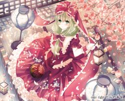  :o architecture bad_id bad_pixiv_id ball blush bonbori_(lighting) bow cherry_blossoms dress east_asian_architecture female flower frilled_dress frills from_above front_ponytail full_body green_eyes green_hair hair_ribbon hairbow holding kagiyama_hina lantern long_hair looking_at_viewer nozomi_fuuten paper_lantern petals red_dress ribbon sitting solo tatami temari_ball touhou wrist_cuffs 