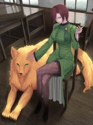  animal aozaki_touko bad_id bad_pixiv_id brown_eyes brown_hair cigarette crossed_legs female fishnet_pantyhose fishnets hair_over_one_eye headpat looking_up mahou_tsukai_no_yoru pantyhose short_hair sitting smoke solo tsukikanade 