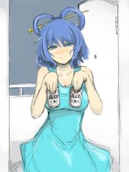  alcohol alternate_costume beer beer_can blue_dress blue_eyes blue_hair blush breasts can cleavage commentary_request contemporary door dress drink_can female ginji_(sakaki_summer) hair_ornament hair_rings hair_stick kaku_seiga large_breasts looking_at_viewer mature_female nose_blush short_hair smile solo touhou 