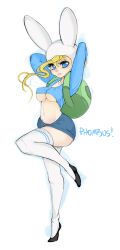  adventure_time animal_hood arms_behind_head backpack bad_deviantart_id bad_id bag blonde_hair blue_eyes blush breasts covered_nipples curvy english_text female fionna_campbell genderswap_(mtf) high_heels hip_focus hood large_breasts pencil_skirt rabbit_hood rule_63 simple_background skirt slugbox solo thighhighs underboob white_background white_thighhighs wide_hips zettai_ryouiki 