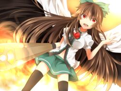  arm_cannon bad_id bad_pixiv_id black_thighhighs black_wings bow cape female green_bow hairbow long_hair open_mouth puffy_sleeves red_eyes reiuji_utsuho short_sleeves solo thighhighs third_eye touhou very_long_hair weapon wings yarawi 