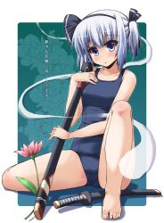  alternate_hairstyle black_hairband blue_eyes commentary_request female flower hair_ribbon hairband highres hitodama konpaku_youmu konpaku_youmu_(ghost) one-piece_swimsuit open_mouth ribbon school_swimsuit shinshin short_hair sitting solo sweat swimsuit touhou 