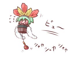  blush bucket commentary_request feathers female green_eyes green_hair hair_bobbles hair_ornament in_bucket in_container instrument kisume maitora maracas photoshop_(medium) short_hair solo touhou twintails white_background 