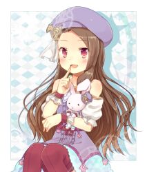  brown_eyes brown_hair commentary_request female hat idolmaster idolmaster_(classic) long_hair minase_iori moe_(hamhamham) palace_of_dragon_(idolmaster) smile solo stuffed_animal stuffed_rabbit stuffed_toy thighhighs usa-chan_(idolmaster) 