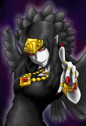  armband bare_shoulders black_dress black_hair black_wings bracelet breasts bust collarbone dress duel_monster emblem fabled_grimro feathers female female fingernails foreshortening green_eyes hair_between_eyes hands head_tilt jewelry long_fingernails long_hair long_image looking_at_viewer monster_girl multicolored_eyes nail_polish necklace outstretched_arm pale_skin parted_lips pataniito pataryouto pointing pointing_at_viewer pointy_ears purple_background red_nails red_sclera ring simple_background smile solo standing tall_image tiara upper_body wings yu-gi-oh! yuu-gi-ou_duel_monsters 