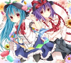  2girls bad_id bad_pixiv_id black_legwear blue_hair bow capelet flower food fruit hat hat_bow highres hinanawi_tenshi key leaf long_hair multiple_girls nagae_iku pantyhose peach purple_hair red_eyes ribbon saijou_haruki shawl short_hair skirt touhou 