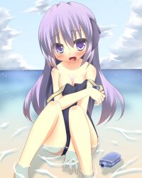  blush bottle breasts cleavage cloud commentary_request day female hanyuu highres higurashi_no_naku_koro_ni horns kitagawa_kagura long_hair medium_breasts one-piece_swimsuit open_mouth photoshop_(medium) purple_eyes purple_hair school_swimsuit sky solo strap_slip swimsuit undressing wet 