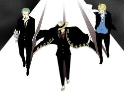  3boys black_hair black_pants blonde_hair blue_shirt bolo_tie cigarette earrings formal frown full_body green_hair hair_over_one_eye hand_in_pocket hand_on_hat hand_on_headwear hands_in_pockets hat hat_over_one_eye jacket_on_shoulders jewelry male male_focus monkey_d_luffy mouth_hold multiple_boys necktie one_piece one_piece:_strong_world open_collar pants red_shirt roronoa_zoro sandals sanji scar sheathed_sword shirt smoking straw_hat suit sword trio walking weapon white_shirt 