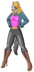  2012 alpha_channel anthro avoid_posting blonde_hair boots bottomwear breasts civet clothed clothing digital_media_(artwork) female footwear fully_clothed gunther_silves hair looking_at_viewer mammal pants pixel_(artwork) solo viverrid 