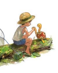  1boy :o back bad_drawr_id bad_id bare_arms bare_legs bare_shoulders black_eyes black_hair blue_shorts bug_catcher_(pokemon) butterfly_net curious day flip-flops hand_net hat holding insect_cage log lolicon looking_at_another male_focus moss muguu oekaki outdoors poke_ball poke_ball_(basic) pokemon pokemon_(creature) pokemon_hgss profile sandals shoe_dangle shoes shorts shuckle simple_background single_shoe sitting sleeveless soles straw_hat summer sun_hat tank_top tree unworn_sandals white_background 