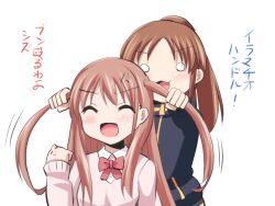  2girls achiga_school_uniform annoyed atarashi_ako blush brown_hair commentary_request grabbing_another&#039;s_hair long_hair multiple_girls o_o ponytail saki_(manga) saki_achiga-hen school_uniform takakamo_shizuno track_suit translated two_side_up yaneuratv 