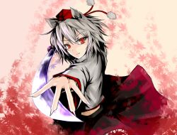  animal_ears bad_id bad_pixiv_id female grey_hair hat inubashiri_momiji leaf long_sleeves maple_leaf red_eyes rin_yuu short_hair solo stance sword tokin_hat touhou weapon wide_sleeves wolf_ears 