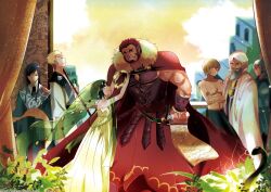  5boys ancient_greek_clothes armor bad_id bad_pixiv_id beard black_hair blonde_hair cape eumenes_(fate) facial_hair fate/zero fate_(series) female genderswap_(mtf) greco-roman_clothes green_eyes green_hair ionioi_hetairoi_(fate) iskandar_(fate) jeran_(ggokd) long_hair multiple_boys photoshop_(medium) red_eyes red_hair rule_63 soldier turban veil waver_velvet 