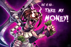  black_nails blade brown_hair commentary_request female futurama glowing glowing_eyes hair_bun hospital_gown lanimal mask meme money muscular nail nail_polish open_mouth painwheel_(skullgirls) red_eyes shut_up_and_take_my_money_(meme) single_hair_bun skullgirls solo veins 