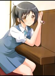  black_hair black_legwear blush cellphone_charm charm_(object) commentary_request female instrument looking_at_viewer ok-ray photoshop_(medium) piano ponytail sakai_wakana school_uniform short_hair sitting smile tari_tari upright_piano yellow_eyes 