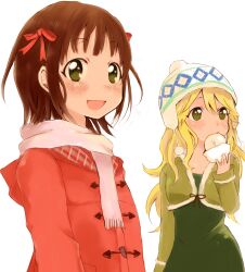  2girls amami_haruka bad_id bad_pixiv_id blonde_hair brown_hair coat fringe_trim green_eyes hat hoshii_miki idolmaster idolmaster_(classic) long_hair multiple_girls scarf smile warabeshi 