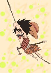  1boy alternate_costume barefoot hat male male_focus monkey_d_luffy one_piece open_mouth polearm scar solo spear straw_hat tongue vine vines weapon 