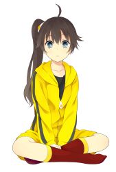  absurdres ahoge araragi_karen bad_id bad_pixiv_id black_hair blue_eyes crossed_legs egg_(food) egg_hair_ornament female food food-themed_hair_ornament fried_egg gym_shorts hair_ornament highres hood hooded_jacket hooded_track_jacket jacket long_hair monogatari_(series) nisemonogatari nnyu red_legwear shorts side_ponytail sitting solo track_jacket 