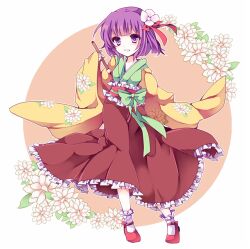  bad_id bad_pixiv_id calligraphy_brush female flower hair_ornament hieda_no_akyuu japanese_clothes long_sleeves obi open_mouth paintbrush purple_eyes purple_hair sash short_hair solo touhou wide_sleeves yukimiya_(parupunta) 