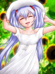  ^jj^ bare_shoulders closed_eyes commentary_request dress female flower hair_ornament hands_on_headwear hat highres hoshino_ruri kidou_senkan_nadesico long_hair open_mouth photoshop_(medium) purple_hair smile solo sunflower twintails white_dress 