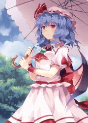  alternate_hairstyle ascot bat_wings blue_hair blush bow brooch cloud commentary_request day dress female fingernails hat hat_ribbon highres holding jewelry outdoors rasahan red_eyes remilia_scarlet ribbon short_hair skirt skirt_set sky smile solo touhou umbrella wings wrist_cuffs 