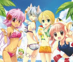  .hack// .hack//tasogare_no_udewa_densetsu 2boys 4girls :d ;d absurdres animal_ears asphyxiation ass bad_link beach bikini blonde_hair blue_eyes bracelet breasts butt_crack cloud cowboy_shot dark-skinned_female dark_skin day drowning earrings floral_print flower food fox_ears goggles grey_hair groin hair_flower hair_ornament halterneck hibiscus highres holding holding_towel hotaru_(.hack//) innertube izumi_rei jewelry kunisaki_rena large_breasts looking_at_viewer medium_breasts midriff mireille_(.hack//) multiple_boys multiple_girls navel o-ring o-ring_bottom o_o ocean oerba_yun_fang one-piece_swimsuit one_eye_closed open_mouth ouka_(.hack//) outdoors pendant pink_eyes pink_hair school_swimsuit shaved_ice sky smile standing striped_bikini striped_clothes swim_ring swimsuit towel v water yellow_eyes 