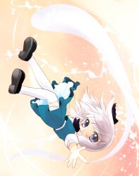  blue_eyes blush commentary_request falling female hair_ribbon highres hitodama konpaku_youmu konpaku_youmu_(ghost) open_mouth outstretched_arm outstretched_hand photoshop_(medium) ribbon short_hair short_sleeves smile solo touhou upside-down white_hair yume_shokunin 