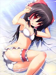  bikini bow breasts brown_hair cleavage collarbone commentary_request female hair_tubes hairbow hakurei_reimu highres liya long_hair medium_breasts open_mouth photoshop_(medium) red_bow red_eyes solo swimsuit touhou trefoil water 