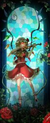  ascot bad_id bad_pixiv_id blonde_hair crystal female flandre_scarlet flower full_body glowing glowing_eyes hair_over_one_eye hat hat_ribbon highres instrument leaf madcocoon oerba_yun_fang one_eye_covered plant puffy_sleeves rainbow_order red_eyes red_flower red_rose ribbon rose short_hair short_sleeves smile solo stained_glass thorns touhou vines violin wings 