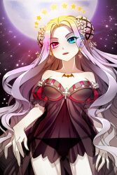  bare_shoulders bat_(animal) black_panties blue_eyes cat_shi collarbone contrapposto cross detached_sleeves double_bun earrings female frills full_moon hair_bun heterochromia jewelry long_hair lowres luna_flina midriff moon navel night open_mouth outdoors pale_skin panties photoshop_(medium) purple_hair red_eyes see-through solo standing star_(symbol) strapless striped sword_girls tattoo underwear very_long_hair wavy_hair 